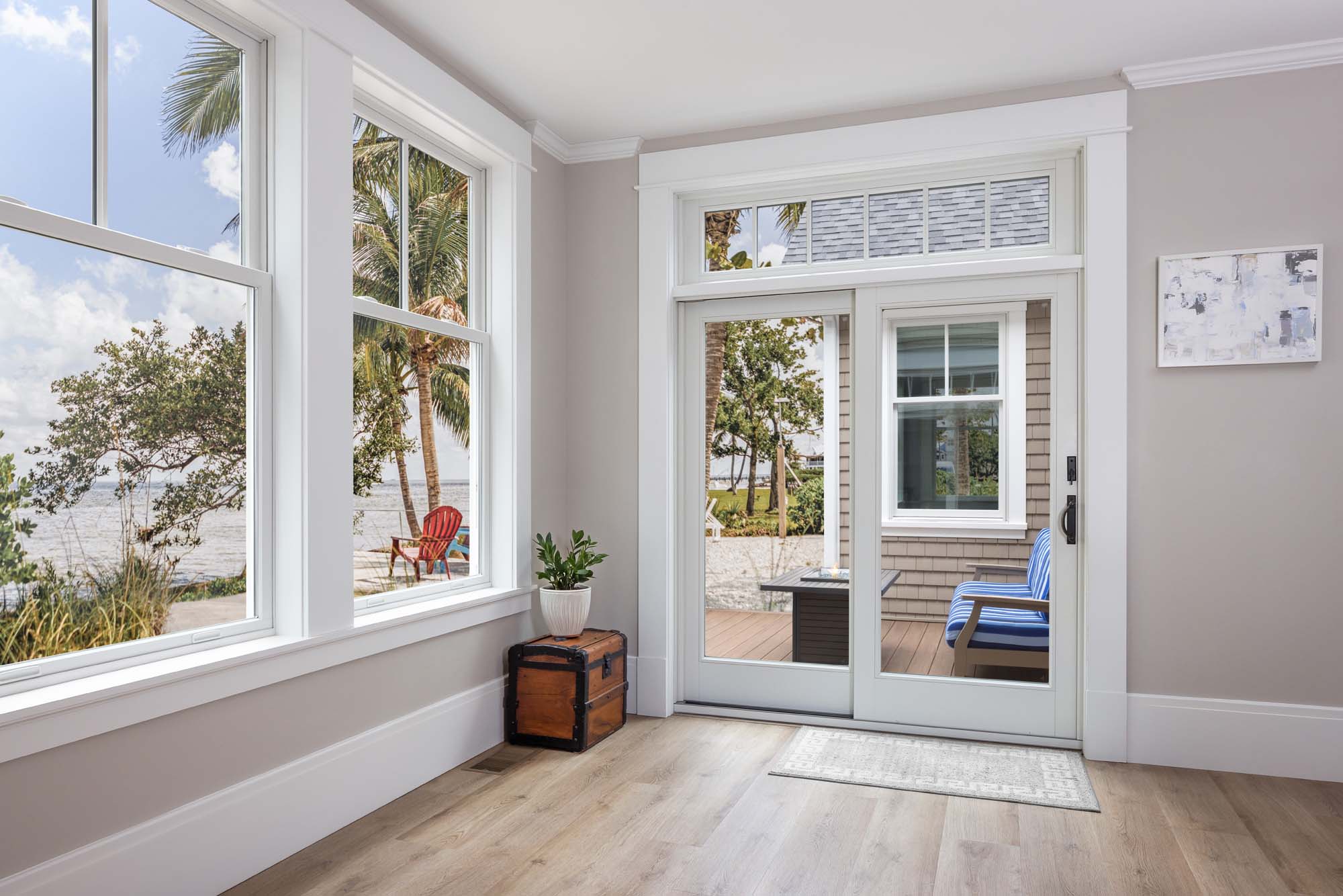 Coastal beach view with double-hung French glider white interior windows - Window & Door Replacement in Oregon, SW Washington & San Diego