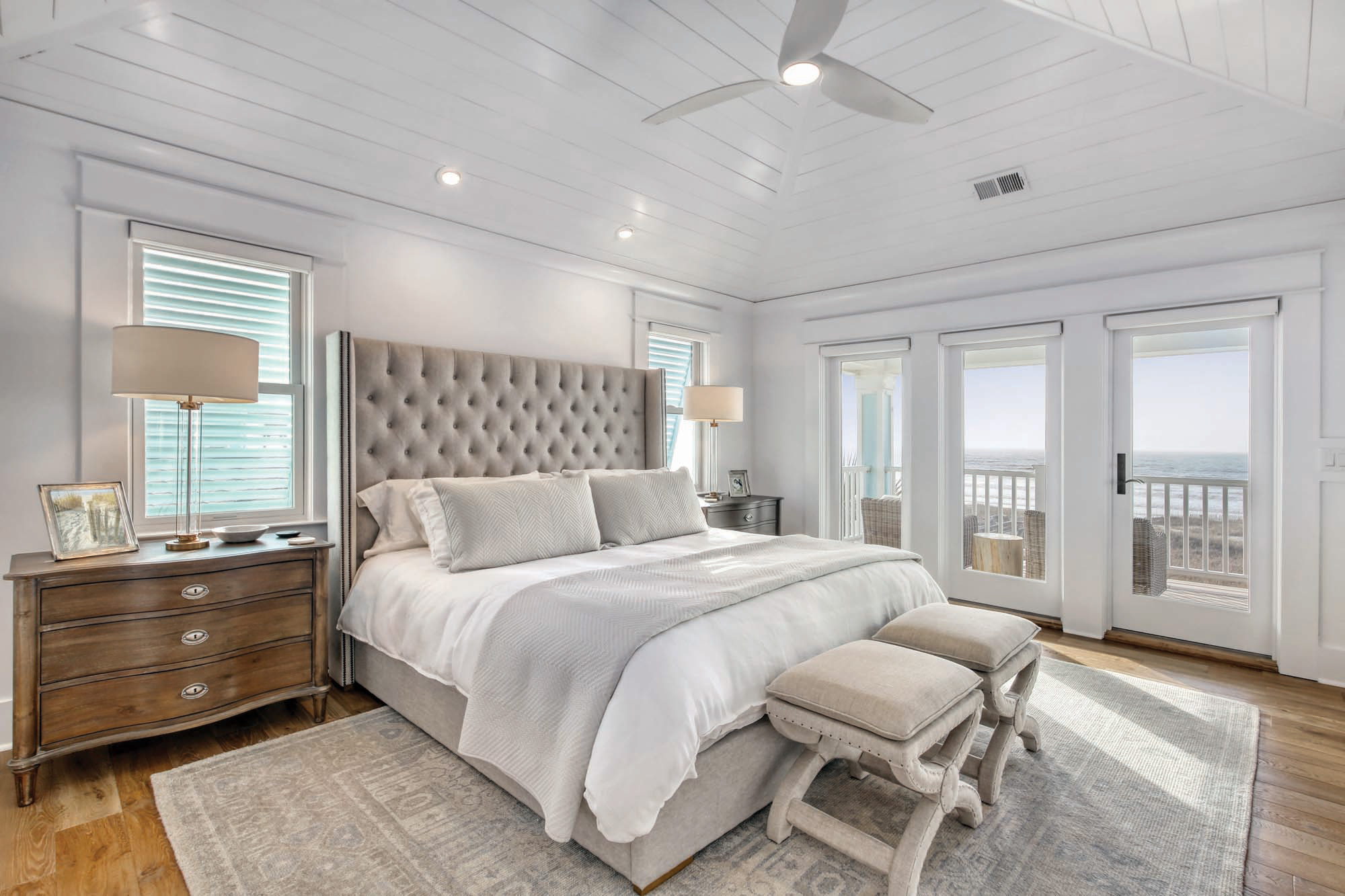 Coastal bedroom with double-hung French hinged white interior window - Window & Door Replacement in Oregon, SW Washington & San Diego